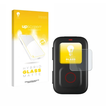 Face avant d’un emballage produit avec le logo de la marque upscreen. À côté, l’appareil GoPro Remote est représenté avec la p