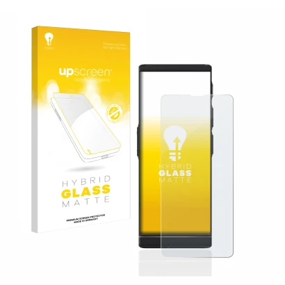 Face avant d’un emballage produit avec le logo de la marque upscreen. À côté, l’appareil Vasco Translator V4 est représenté av