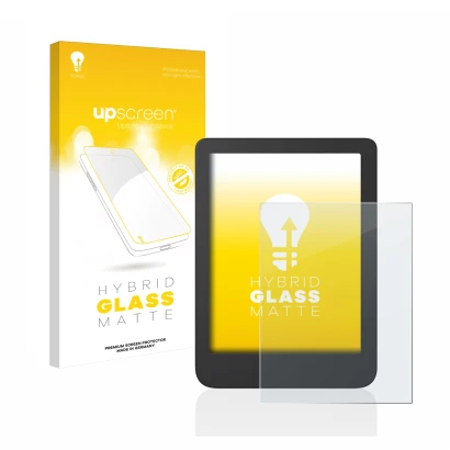 Face avant d’un emballage produit avec le logo de la marque upscreen. À côté, l’appareil Tolino Shine 4 est représenté avec la