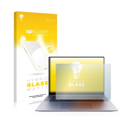 Face avant d’un emballage produit avec le logo de la marque upscreen. À côté, l’appareil Huawei MateBook 16s est représenté av