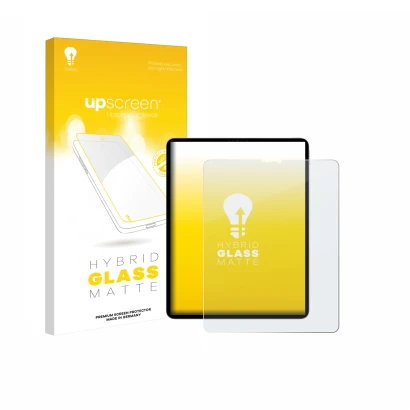 Face avant d’un emballage produit avec le logo de la marque upscreen. À côté, l’appareil Apple iPad Pro 12.9" 2022 (6. Gen.) e