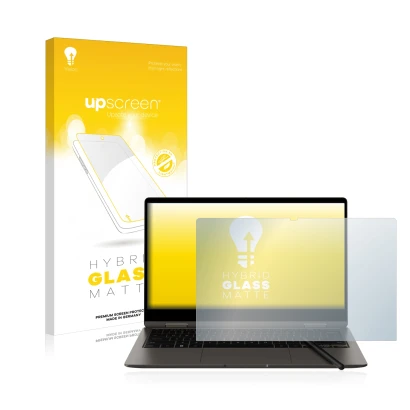 Face avant d’un emballage produit avec le logo de la marque upscreen. À côté, l’appareil Samsung Galaxy Book3 360 13