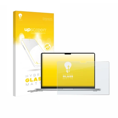 Face avant d’un emballage produit avec le logo de la marque upscreen. À côté, l’appareil Apple MacBook Pro 14" M2 2023 est rep