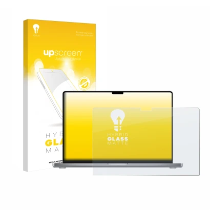 Face avant d’un emballage produit avec le logo de la marque upscreen. À côté, l’appareil Apple MacBook Pro 16" 2023 est représ