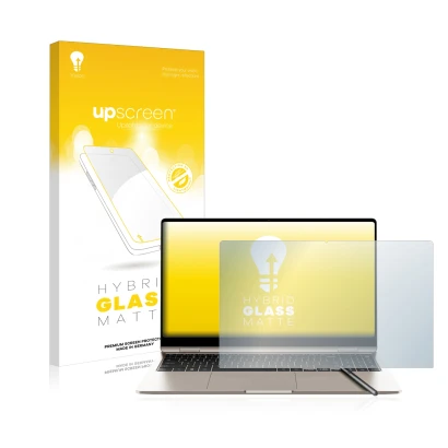 Face avant d’un emballage produit avec le logo de la marque upscreen. À côté, l’appareil Samsung Galaxy Book3 360 15.6