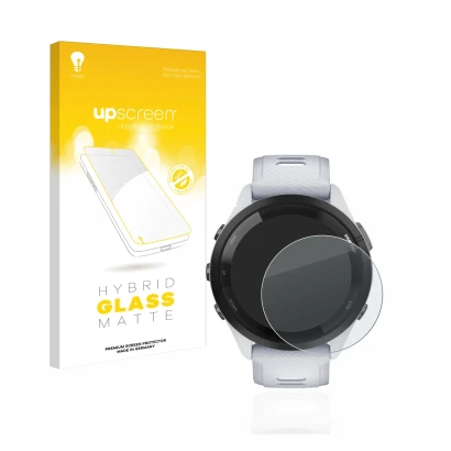 Face avant d’un emballage produit avec le logo de la marque upscreen. À côté, l’appareil Garmin Forerunner 265 (46 mm) est rep