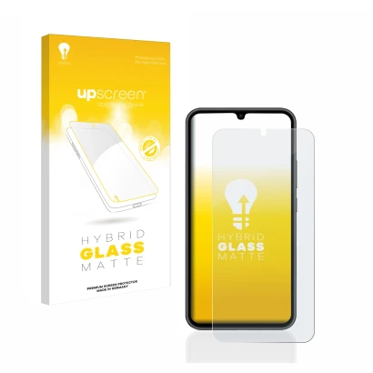 Face avant d’un emballage produit avec le logo de la marque upscreen. À côté, l’appareil Samsung Galaxy A34 5G est représenté 