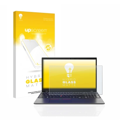 Face avant d’un emballage produit avec le logo de la marque upscreen. À côté, l’appareil Lenovo ThinkPad L15 Gen 4 est représe