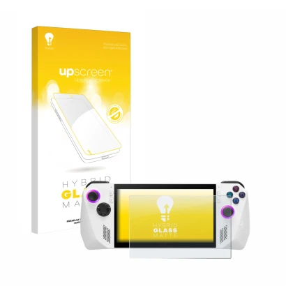 Face avant d’un emballage produit avec le logo de la marque upscreen. À côté, l’appareil ASUS ROG Ally (2023) RC71L est représ