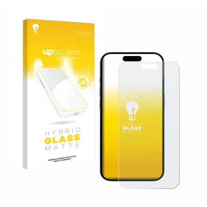 Face avant d’un emballage produit avec le logo de la marque upscreen. À côté, l’appareil Apple iPhone 15 Pro Max est représent