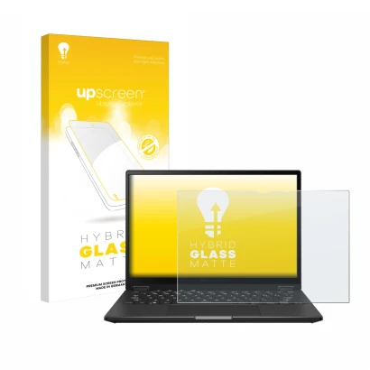 Face avant d’un emballage produit avec le logo de la marque upscreen. À côté, l’appareil ASUS ROG Flow X13 2023 est représenté