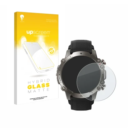 Face avant d’un emballage produit avec le logo de la marque upscreen. À côté, l’appareil Huami Amazfit Falcon est représenté a