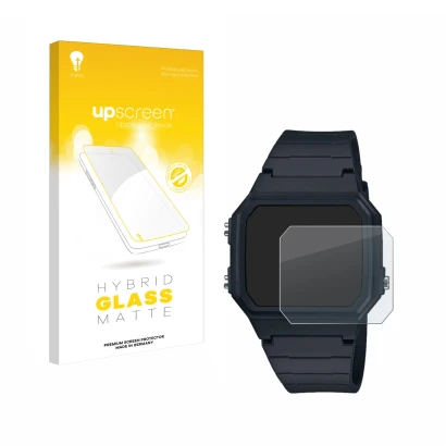 Face avant d’un emballage produit avec le logo de la marque upscreen. À côté, l’appareil Casio W-217H-1AVCF est représenté ave