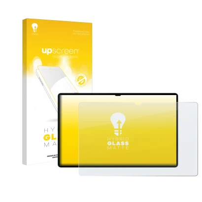 Face avant d’un emballage produit avec le logo de la marque upscreen. À côté, l’appareil Samsung Galaxy Tab S9 Ultra WiFi est 