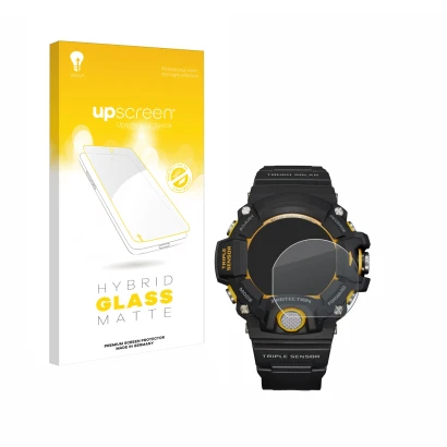 Face avant d’un emballage produit avec le logo de la marque upscreen. À côté, l’appareil Casio G-Shock GW-9400Y-1 est représen