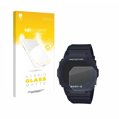 Face avant d’un emballage produit avec le logo de la marque upscreen. À côté, l’appareil Casio Baby-G BGD-565 est représenté a