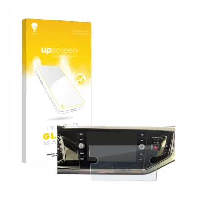 Face avant d’un emballage produit avec le logo de la marque upscreen. À côté, l’appareil Volkswagen Polo VI Ready 2 Discover 8