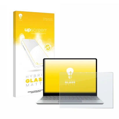 Face avant d’un emballage produit avec le logo de la marque upscreen. À côté, l’appareil Microsoft Surface Laptop Go 3 Busines