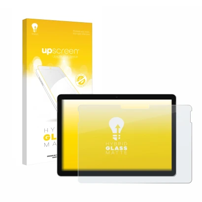 Face avant d’un emballage produit avec le logo de la marque upscreen. À côté, l’appareil Microsoft Surface Go 4 est représenté