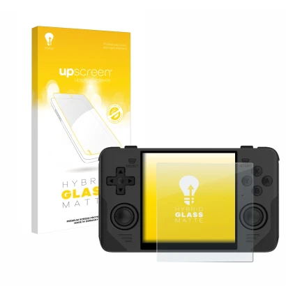 Face avant d’un emballage produit avec le logo de la marque upscreen. À côté, l’appareil Powkiddy RGB30 est représenté avec la