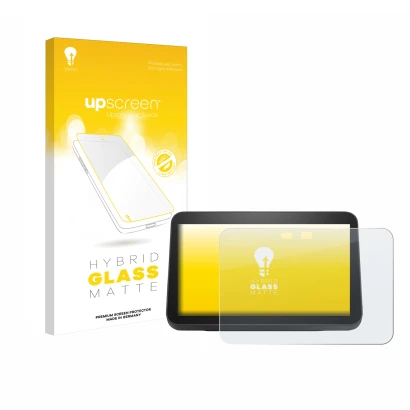 Face avant d’un emballage produit avec le logo de la marque upscreen. À côté, l’appareil Amazon Echo Show 8 2023 (3ème Gen.) e