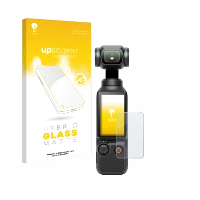Face avant d’un emballage produit avec le logo de la marque upscreen. À côté, l’appareil DJI Osmo Pocket 3 est représenté avec