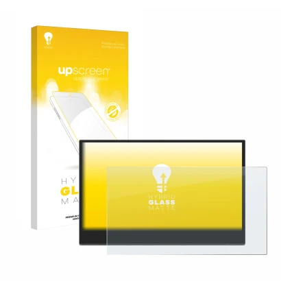 Face avant d’un emballage produit avec le logo de la marque upscreen. À côté, l’appareil Lenovo L15 (15,6") est représenté ave