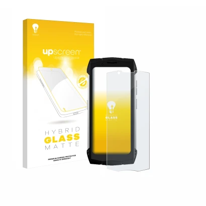 Face avant d’un emballage produit avec le logo de la marque upscreen. À côté, l’appareil Doogee S Mini est représenté avec la 