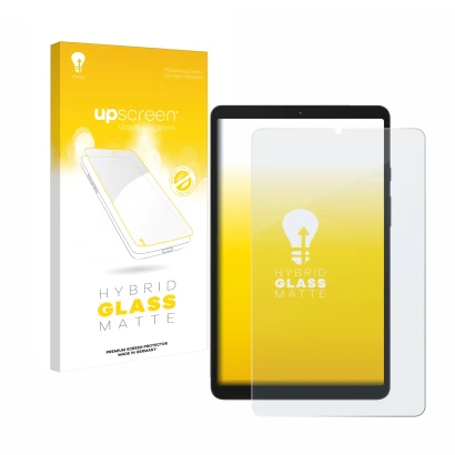 Face avant d’un emballage produit avec le logo de la marque upscreen. À côté, l’appareil Samsung Galaxy Tab A9 WiFi est représ