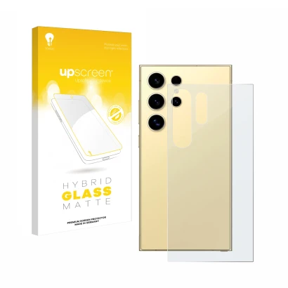 Face avant d’un emballage produit avec le logo de la marque upscreen. À côté, l’appareil Samsung Galaxy S24 Ultra (Arrière) es