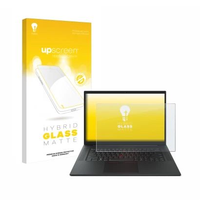 Face avant d’un emballage produit avec le logo de la marque upscreen. À côté, l’appareil Lenovo ThinkPad P1 Gen 6 16" est repr