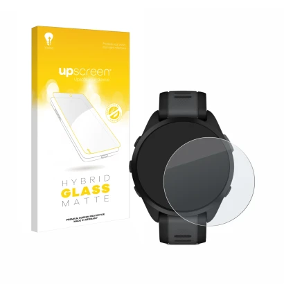 Face avant d’un emballage produit avec le logo de la marque upscreen. À côté, l’appareil Garmin Forerunner 165 est représenté 
