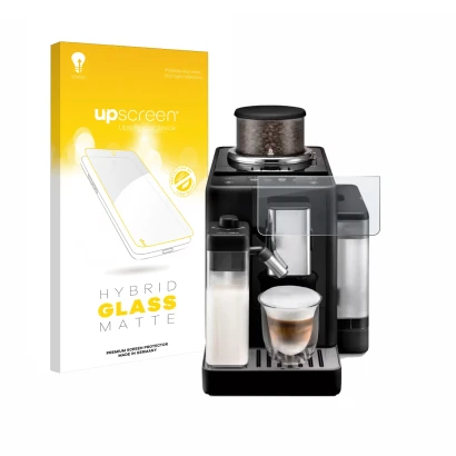 Face avant d’un emballage produit avec le logo de la marque upscreen. À côté, l’appareil DeLonghi Rivelia est représenté avec 