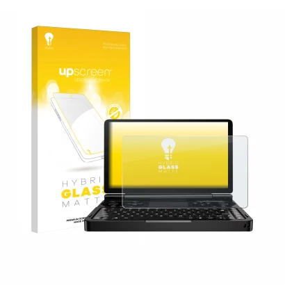 Face avant d’un emballage produit avec le logo de la marque upscreen. À côté, l’appareil GPD Win Mini (2024) est représenté av