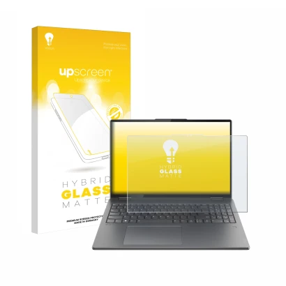 Face avant d’un emballage produit avec le logo de la marque upscreen. À côté, l’appareil Lenovo Yoga 7i 2-in-1 Gen 9 16" est r