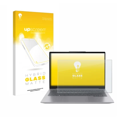 Face avant d’un emballage produit avec le logo de la marque upscreen. À côté, l’appareil Lenovo ThinkBook 16 Gen 6 est représe