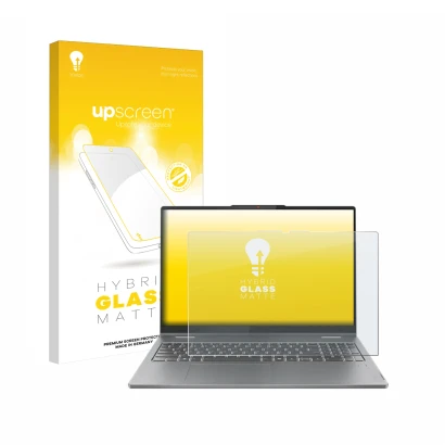 Face avant d’un emballage produit avec le logo de la marque upscreen. À côté, l’appareil Lenovo IdeaPad 5 2-in-1 Gen 9 16" est