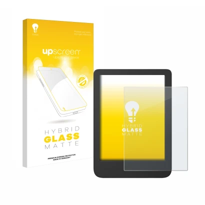 Face avant d’un emballage produit avec le logo de la marque upscreen. À côté, l’appareil Tolino Shine 5 Color 2024 est représe