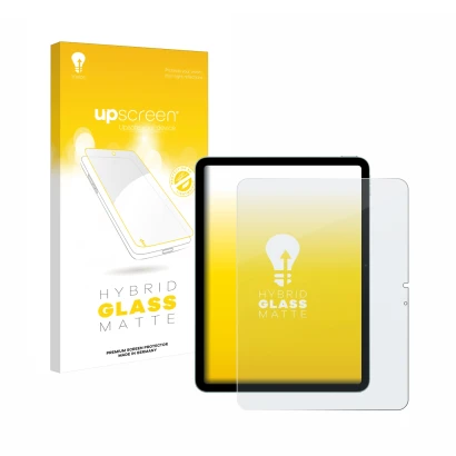 Face avant d’un emballage produit avec le logo de la marque upscreen. À côté, l’appareil Apple iPad Air 11" M2 2024 est représ