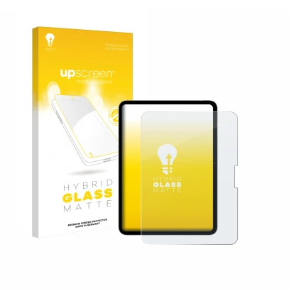 Face avant d’un emballage produit avec le logo de la marque upscreen. À côté, l’appareil Apple iPad Pro 11" 2024 est représent