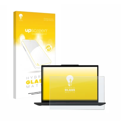 Face avant d’un emballage produit avec le logo de la marque upscreen. À côté, l’appareil Lenovo ThinkPad T14 Gen 5 est représe