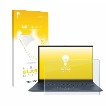 Face avant d’un emballage produit avec le logo de la marque upscreen. À côté, l’appareil ASUS ZenBook 14 OLED UX3405 Touch est