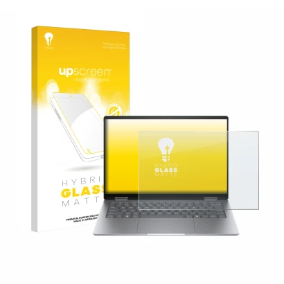 Face avant d’un emballage produit avec le logo de la marque upscreen. À côté, l’appareil HP Envy x360 14 2-in-1 est représenté