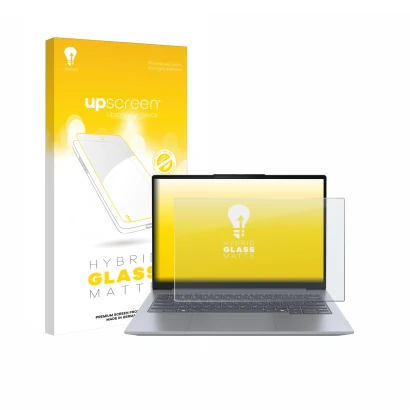 Face avant d’un emballage produit avec le logo de la marque upscreen. À côté, l’appareil Lenovo ThinkBook 14 Gen 7 est représe