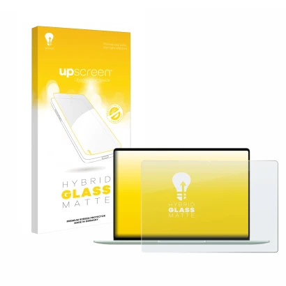 Face avant d’un emballage produit avec le logo de la marque upscreen. À côté, l’appareil Huawei MateBook 14 2024 est représent