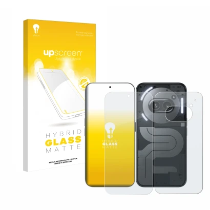 Face avant d’un emballage produit avec le logo de la marque upscreen. À côté, l’appareil Nothing Phone (2a) Plus (Avant+Arrièr