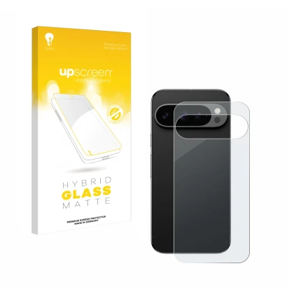 Face avant d’un emballage produit avec le logo de la marque upscreen. À côté, l’appareil Google Pixel 9 Pro (Arrière) est repr