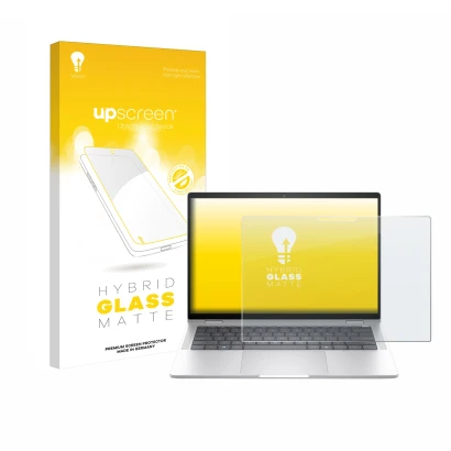 Face avant d’un emballage produit avec le logo de la marque upscreen. À côté, l’appareil HP EliteBook x360 1040 14 G11 2-in-1 