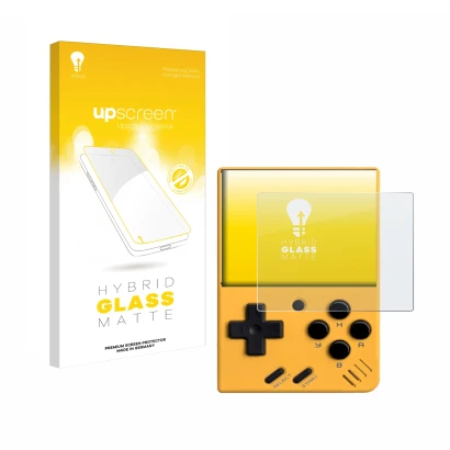 Face avant d’un emballage produit avec le logo de la marque upscreen. À côté, l’appareil Miyoo Mini V4 est représenté avec la 