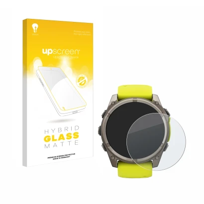 Face avant d’un emballage produit avec le logo de la marque upscreen. À côté, l’appareil Garmin Fenix 8 Solar (51 mm) est repr